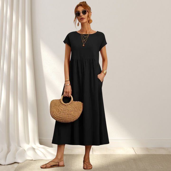 Women’s summer dress cotton blend | Short sleeves | Midi length | Relaxed fit with pockets | Lightweight comfort