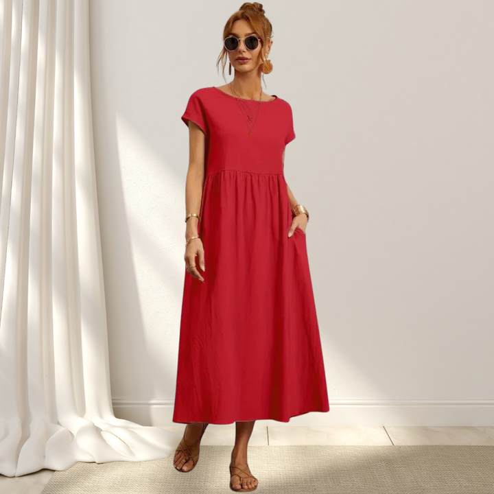 Women’s summer dress cotton blend | Short sleeves | Midi length | Relaxed fit with pockets | Lightweight comfort