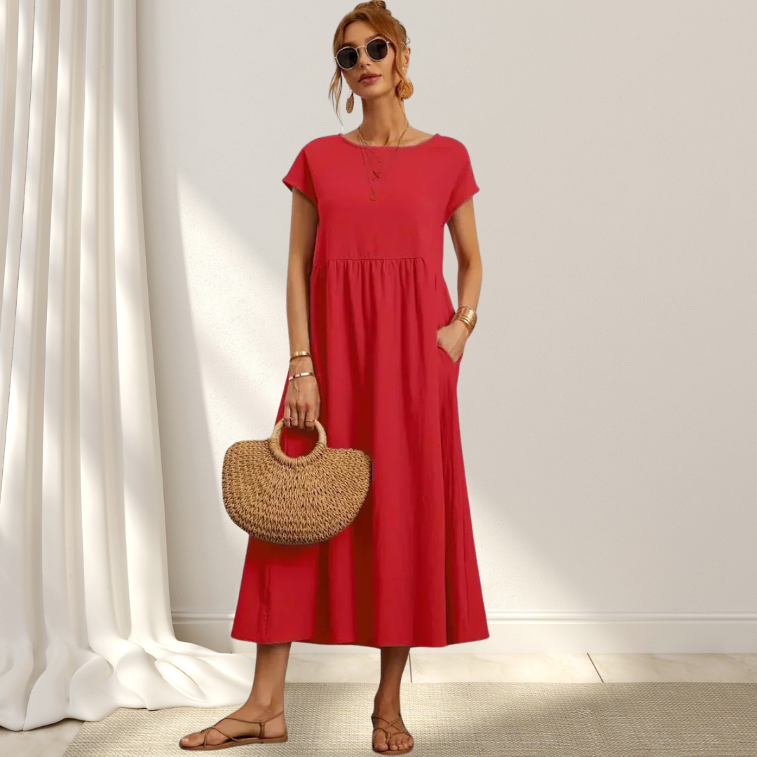 Women’s summer dress cotton blend | Short sleeves | Midi length | Relaxed fit with pockets | Lightweight comfort