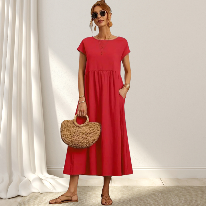 Women’s summer dress cotton blend | Short sleeves | Midi length | Relaxed fit with pockets | Lightweight comfort