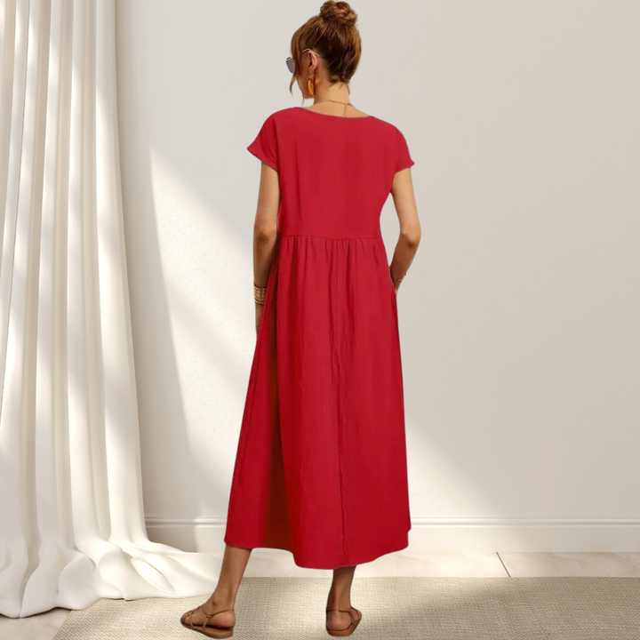Women’s summer dress cotton blend | Short sleeves | Midi length | Relaxed fit with pockets | Lightweight comfort