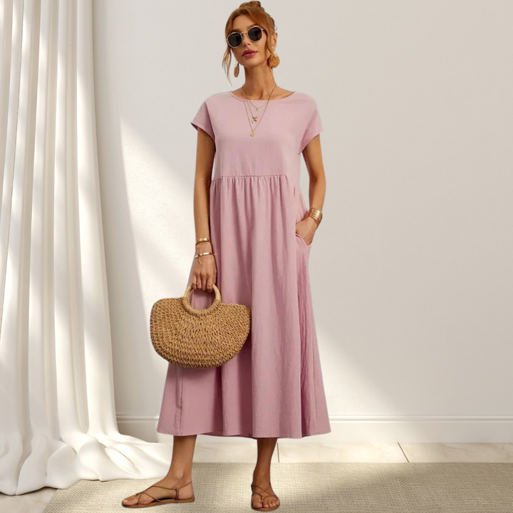Women’s summer dress cotton blend | Short sleeves | Midi length | Relaxed fit with pockets | Lightweight comfort