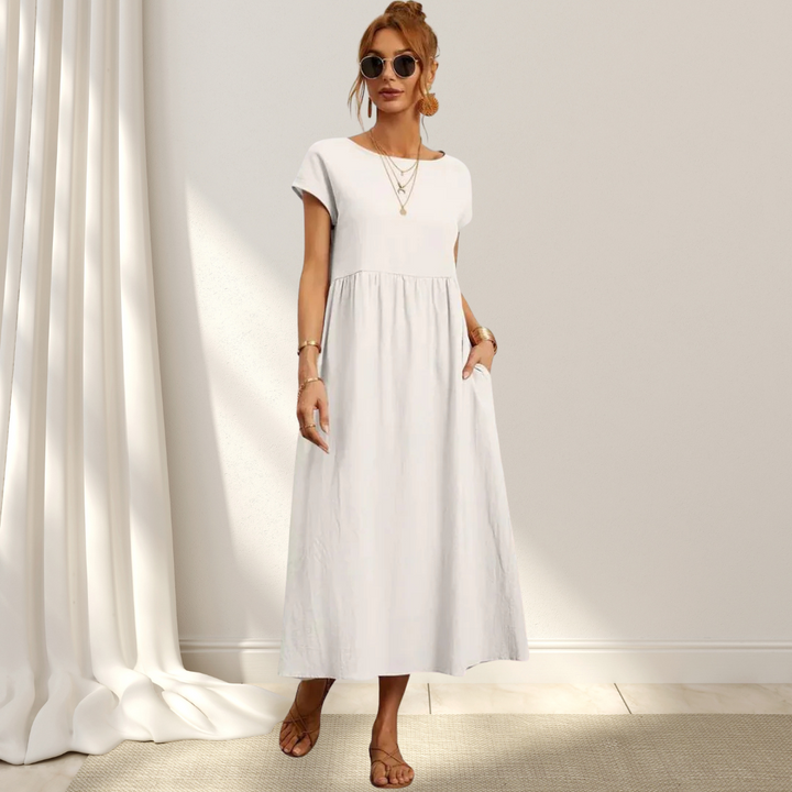 Women’s summer dress cotton blend | Short sleeves | Midi length | Relaxed fit with pockets | Lightweight comfort