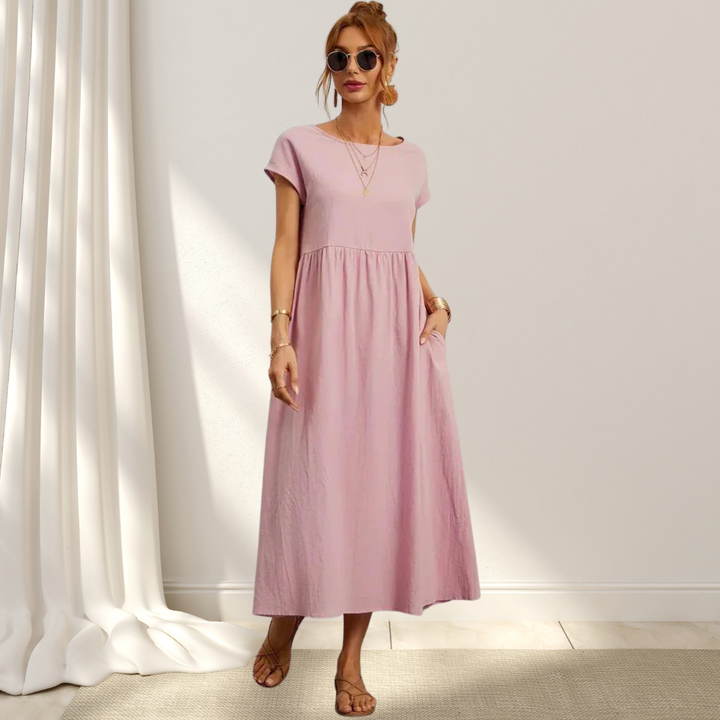 Women’s summer dress cotton blend | Short sleeves | Midi length | Relaxed fit with pockets | Lightweight comfort
