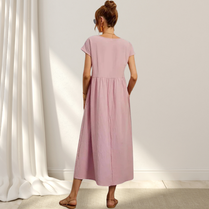 Women’s summer dress cotton blend | Short sleeves | Midi length | Relaxed fit with pockets | Lightweight comfort