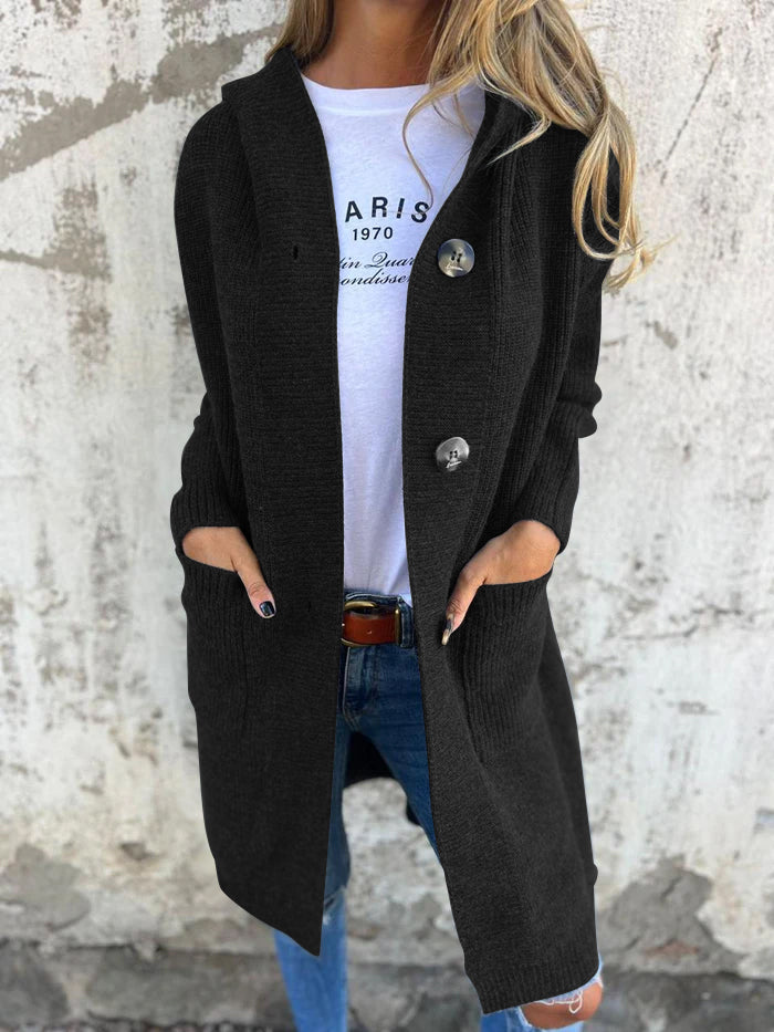 Women’s long knit cardigan | Hooded | Button-down | Front pockets | Soft breathable fabric
