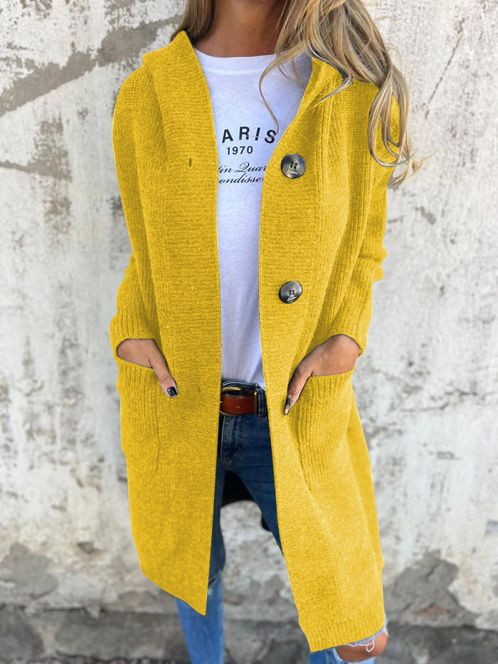 Women’s long knit cardigan | Hooded | Button-down | Front pockets | Soft breathable fabric