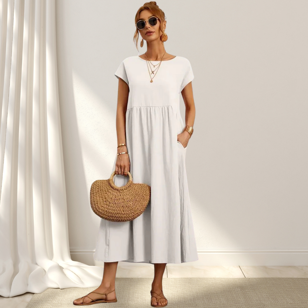 Women’s summer dress cotton blend | Short sleeves | Midi length | Relaxed fit with pockets | Lightweight comfort