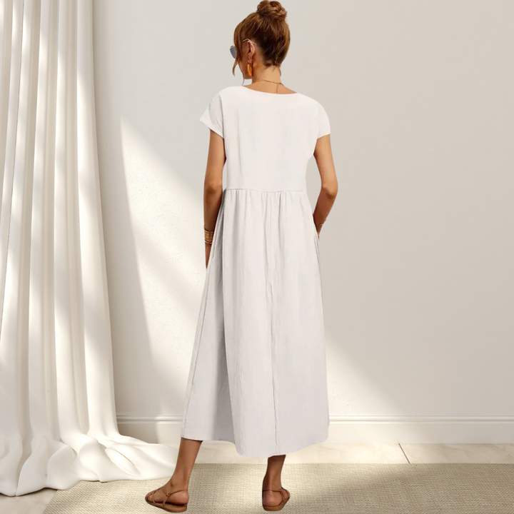 Women’s summer dress cotton blend | Short sleeves | Midi length | Relaxed fit with pockets | Lightweight comfort
