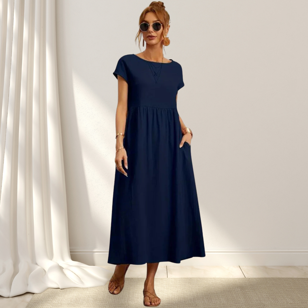 Women’s summer dress cotton blend | Short sleeves | Midi length | Relaxed fit with pockets | Lightweight comfort