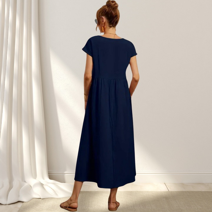 Women’s summer dress cotton blend | Short sleeves | Midi length | Relaxed fit with pockets | Lightweight comfort