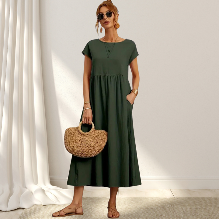 Women’s summer dress cotton blend | Short sleeves | Midi length | Relaxed fit with pockets | Lightweight comfort
