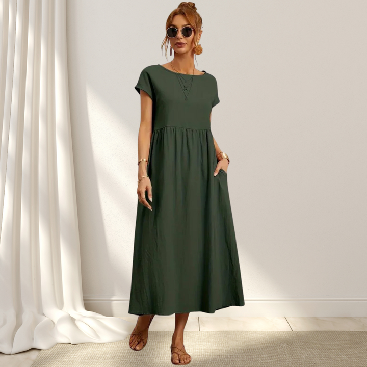 Women’s summer dress cotton blend | Short sleeves | Midi length | Relaxed fit with pockets | Lightweight comfort