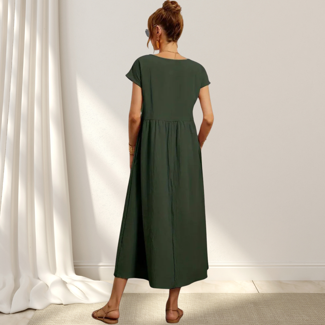 Women’s summer dress cotton blend | Short sleeves | Midi length | Relaxed fit with pockets | Lightweight comfort