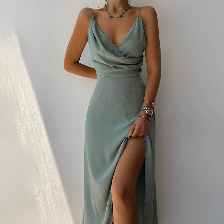 Women’s maxi dress | Spaghetti straps | Draped neckline | Side slit | Lightweight breathable fabric