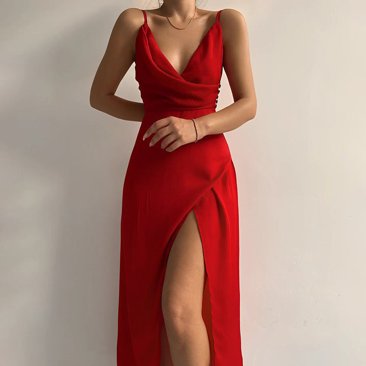 Women’s maxi dress | Spaghetti straps | Draped neckline | Side slit | Lightweight breathable fabric
