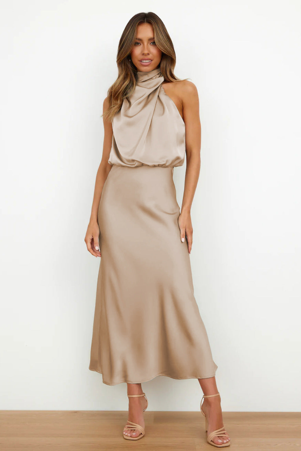 Satin maxi dress for women | Halter neckline | Open back | Elegant draping | Shiny finish