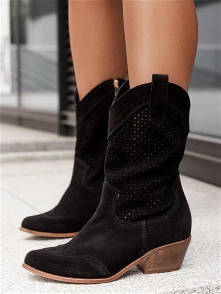 Women’s western boots | Perforated leather | Mid-calf | Block heel | Breathable comfort