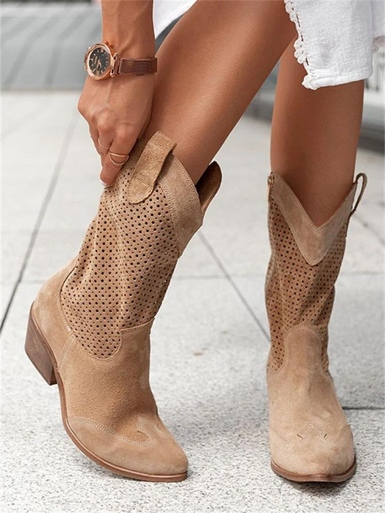 Women’s western boots | Perforated leather | Mid-calf | Block heel | Breathable comfort