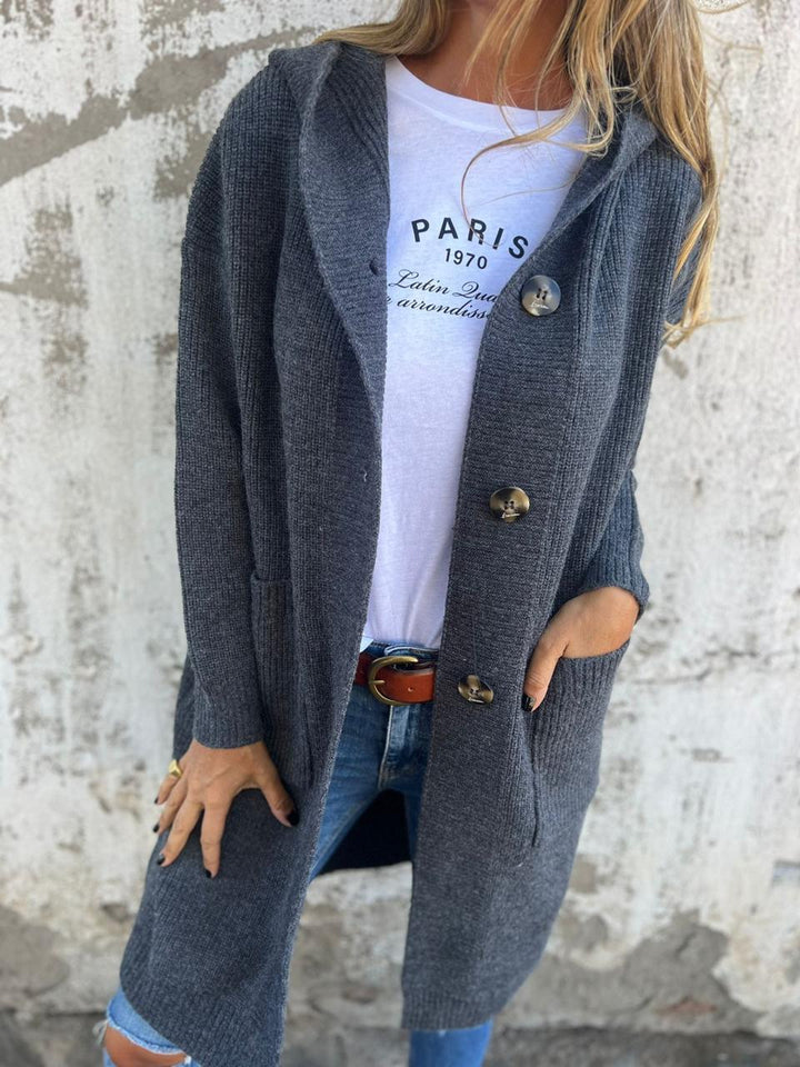 Women’s long knit cardigan | Hooded | Button-down | Front pockets | Soft breathable fabric