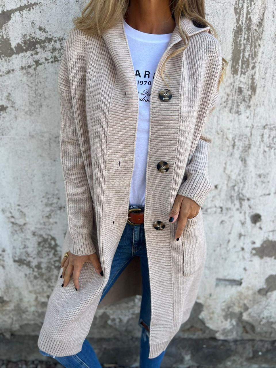 Women’s long knit cardigan | Hooded | Button-down | Front pockets | Soft breathable fabric