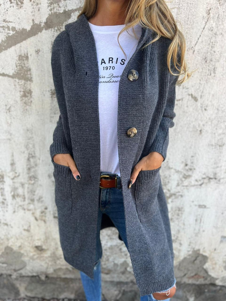 Women’s long knit cardigan | Hooded | Button-down | Front pockets | Soft breathable fabric