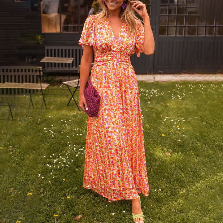 Women’s summer dress | V-neckline | Short sleeves | Lightweight breathable fabric | Midi/maxi length