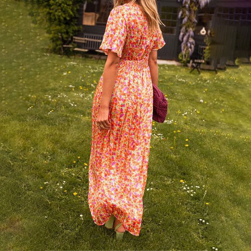 Women’s summer dress | V-neckline | Short sleeves | Lightweight breathable fabric | Midi/maxi length