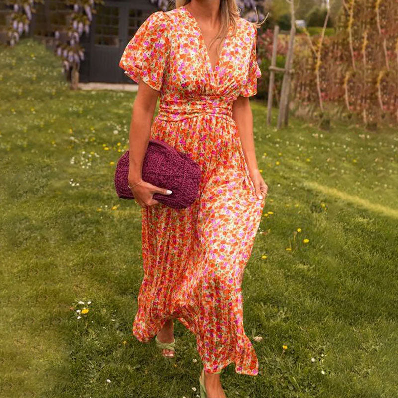 Women’s summer dress | V-neckline | Short sleeves | Lightweight breathable fabric | Midi/maxi length