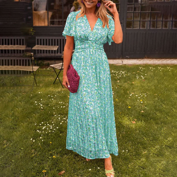Women’s summer dress | V-neckline | Short sleeves | Lightweight breathable fabric | Midi/maxi length