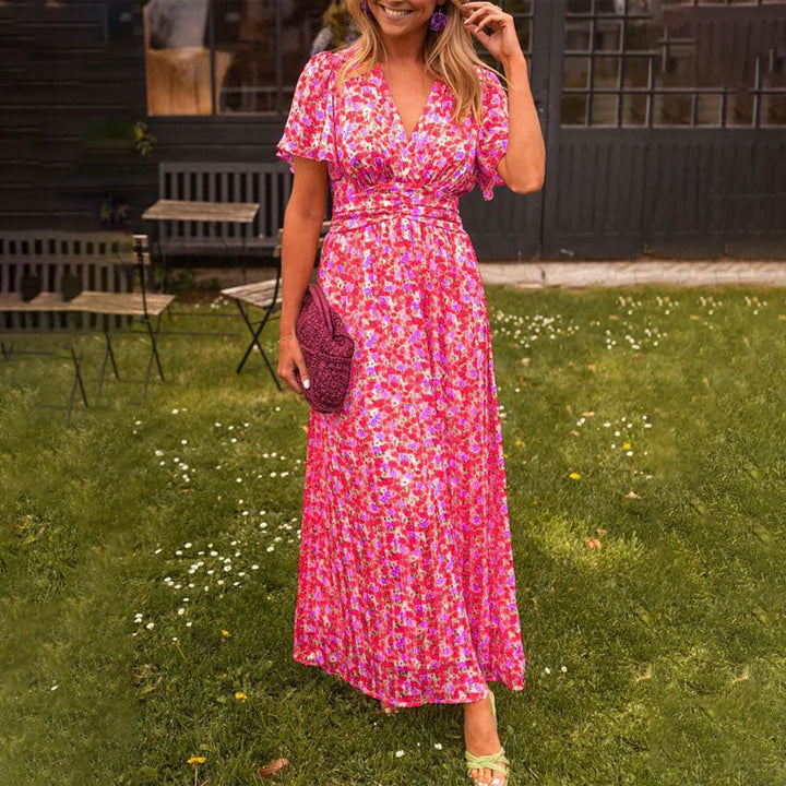 Women’s summer dress | V-neckline | Short sleeves | Lightweight breathable fabric | Midi/maxi length