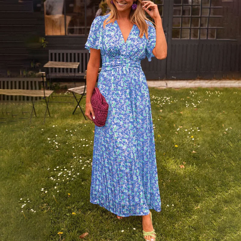 Women’s summer dress | V-neckline | Short sleeves | Lightweight breathable fabric | Midi/maxi length