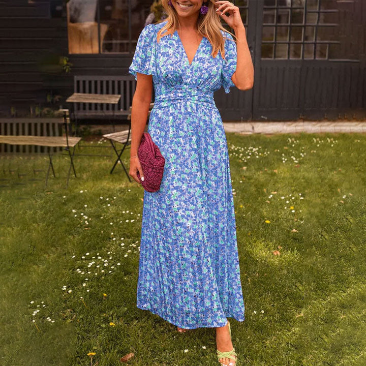 Women’s summer dress | V-neckline | Short sleeves | Lightweight breathable fabric | Midi/maxi length